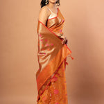 Rust Orange Tissue Organza Saree Side View With Floral Weave - Anvi Couture