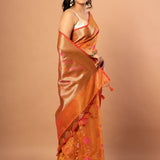 Rust Orange Tissue Organza Saree Side View With Floral Weave - Anvi Couture