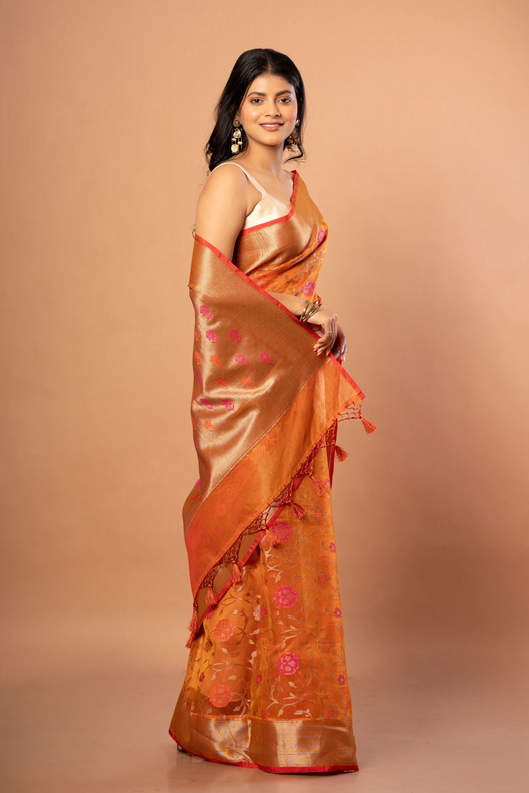 Rust Orange Tissue Organza Saree Side View With Floral Weave - Anvi Couture