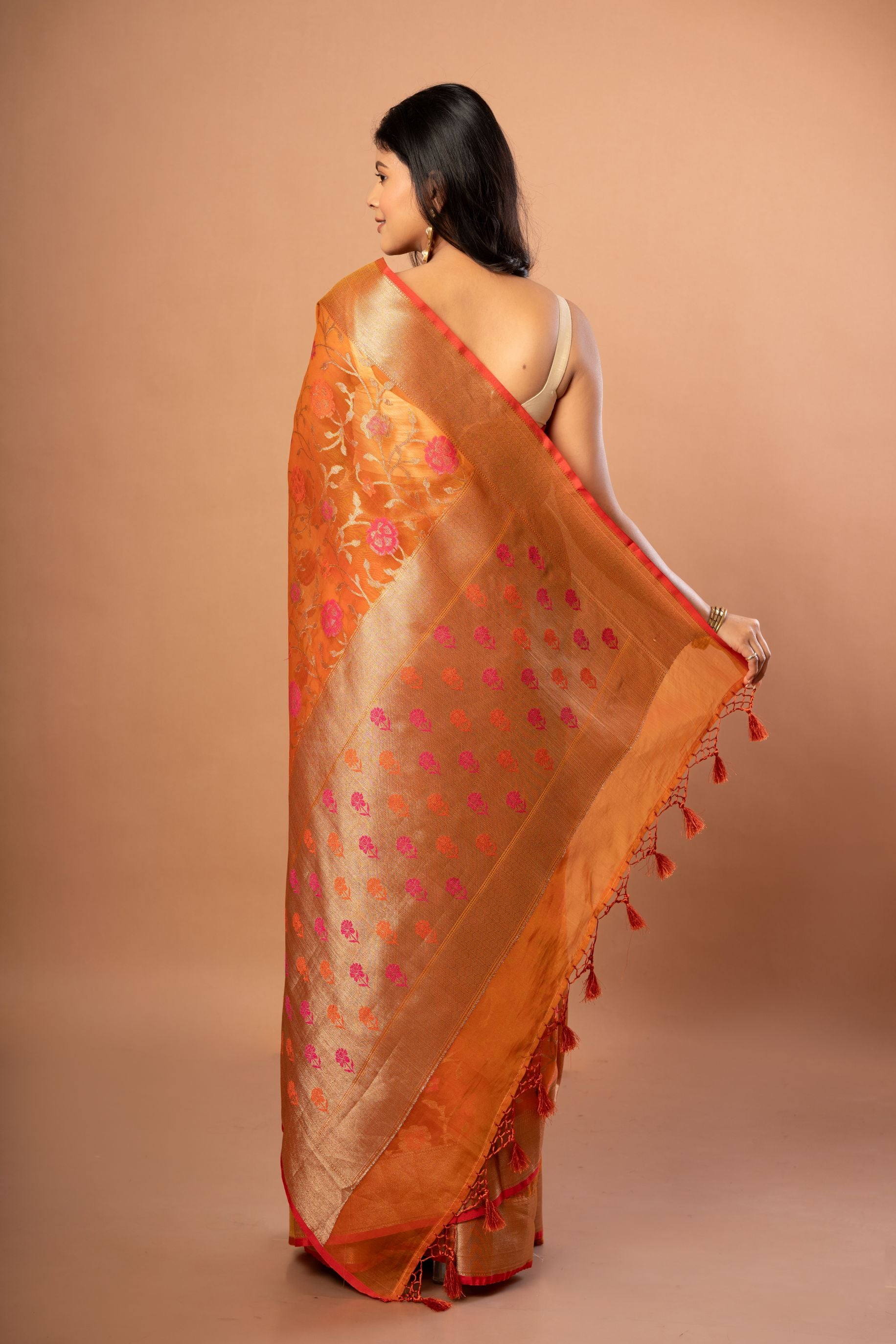 Rust Orange Tissue  Saree With Floral Weaved
