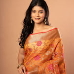 Rust Orange Tissue Organza Saree With Floral Weaved- Anvi Couture
