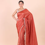 Rust Orange Tissue Saree With Embroidered Border full