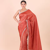 Rust Orange Tissue Saree With Embroidered Border full