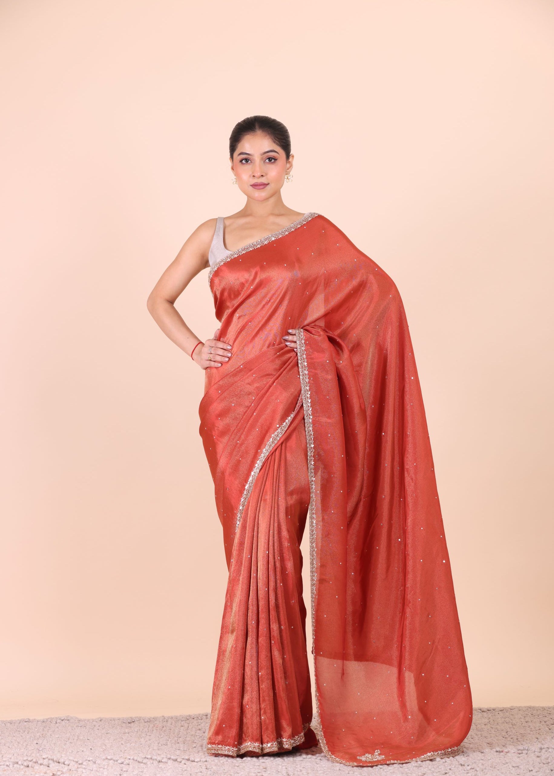 Rust Orange Tissue Saree With Embroidered Border full