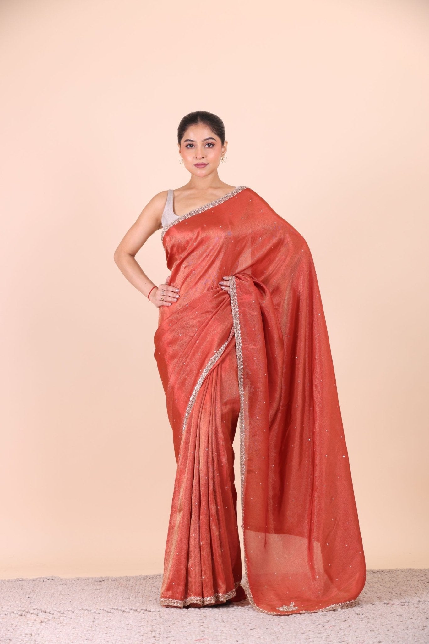 Rust Orange Tissue Saree With Embroidered Border full