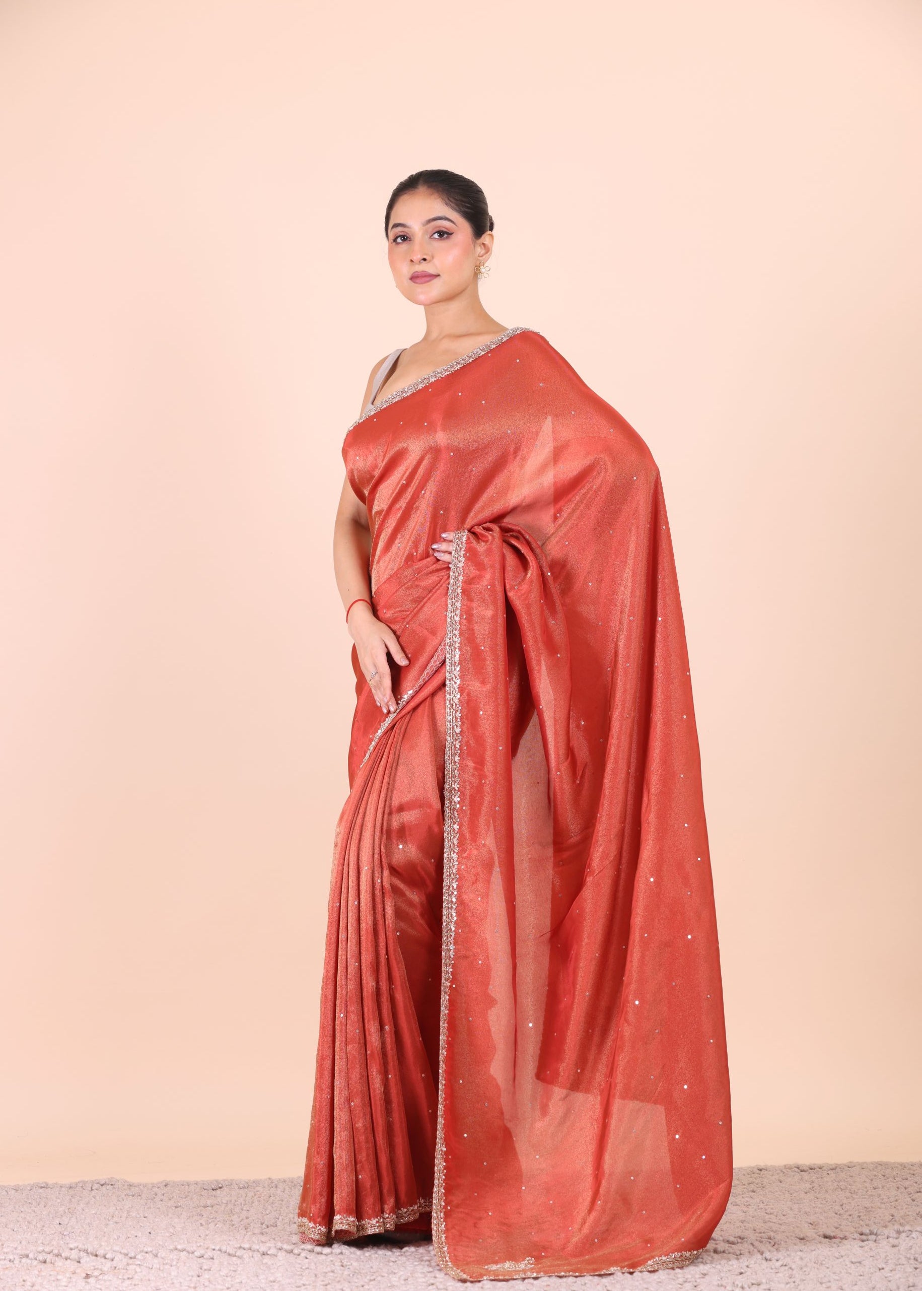 Rust Orange Tissue Saree With Embroidered Border front