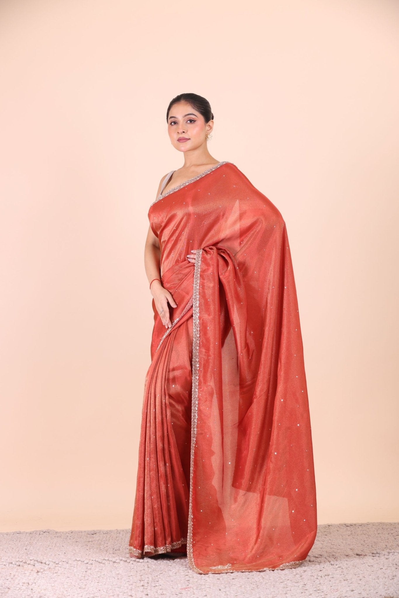 Rust Orange Tissue Saree With Embroidered Border front