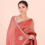 Rust Orange Tissue Saree With Embroidered Border close up