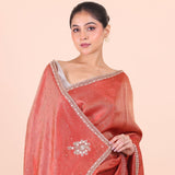 Rust Orange Tissue Saree With Embroidered Border close up