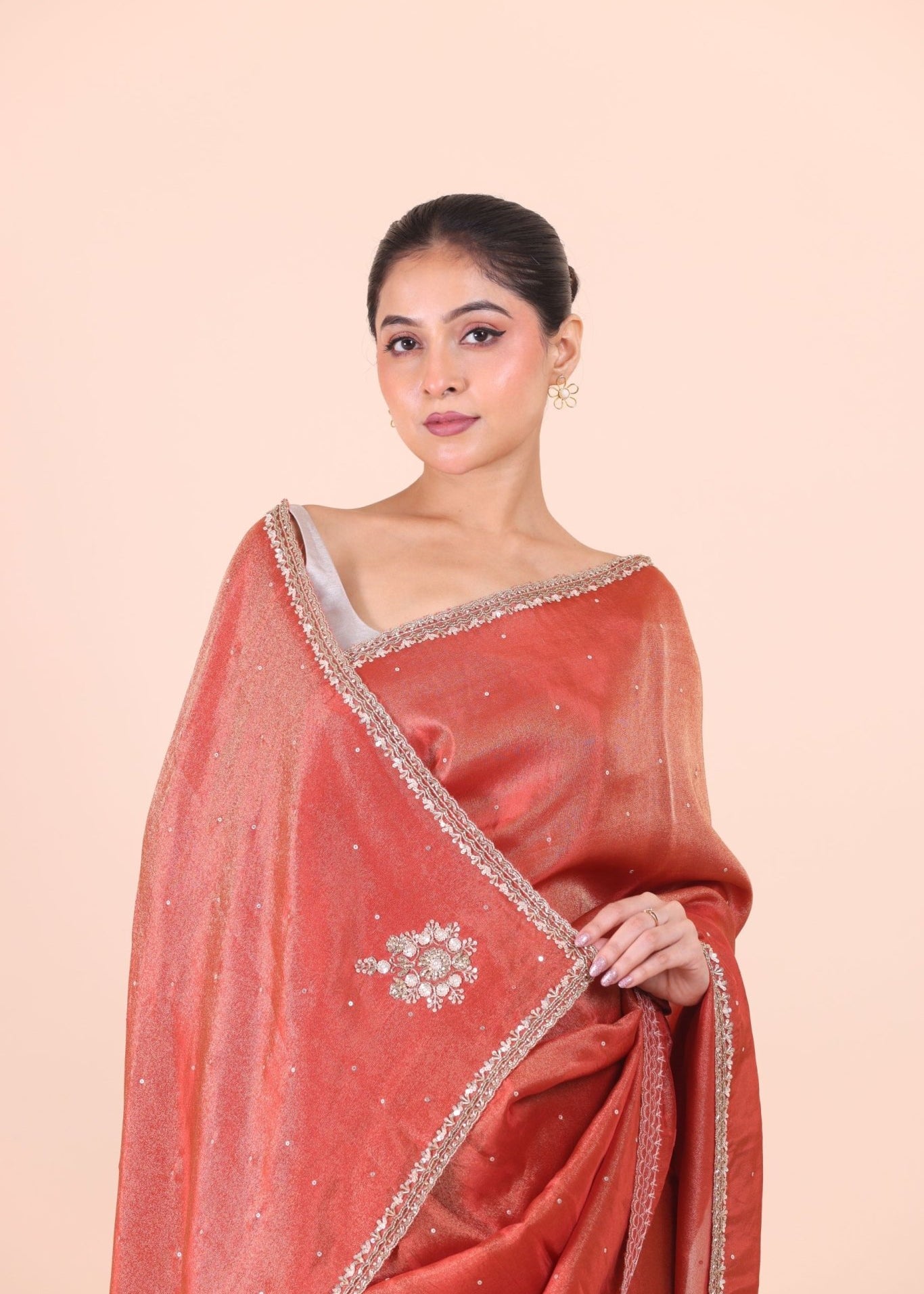 Rust Orange Tissue Saree With Embroidered Border - Anvi Couture