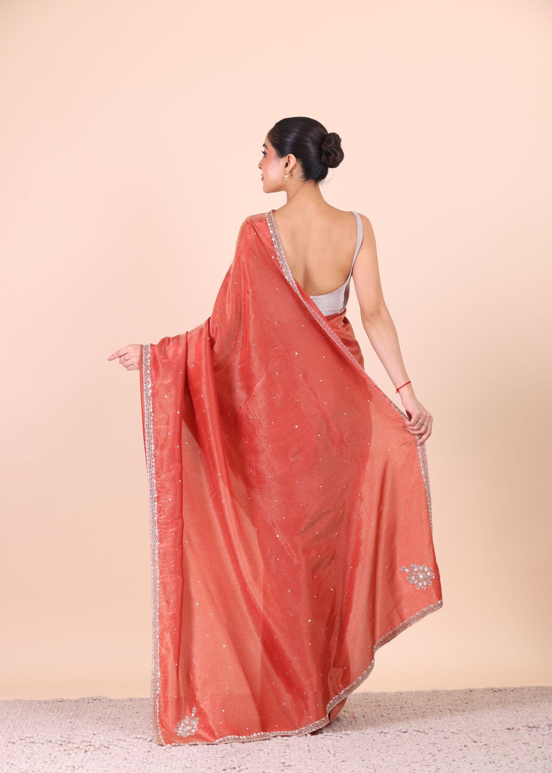 Rust Orange Tissue Saree With Embroidered Border back