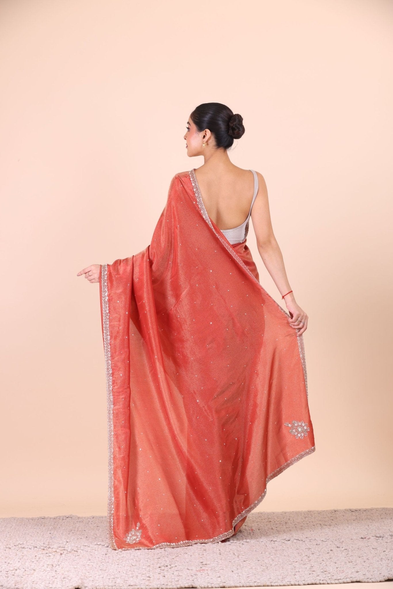 Rust Orange Tissue Saree With Embroidered Border back