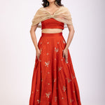 Rust Orange and Golden Tissue Crop Top Lehenga Set full