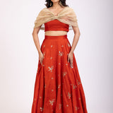 Rust Orange and Golden Tissue Crop Top Lehenga Set full