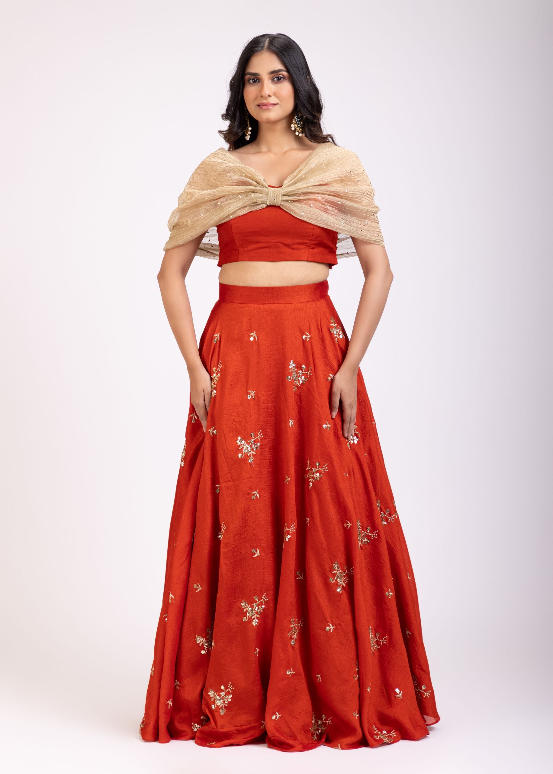 Rust Orange and Golden Tissue Crop Top Lehenga Set full