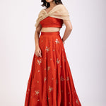 Rust Orange and Golden Tissue Crop Top Lehenga Set front