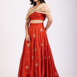 Rust Orange and Golden Tissue Crop Top Lehenga Set front