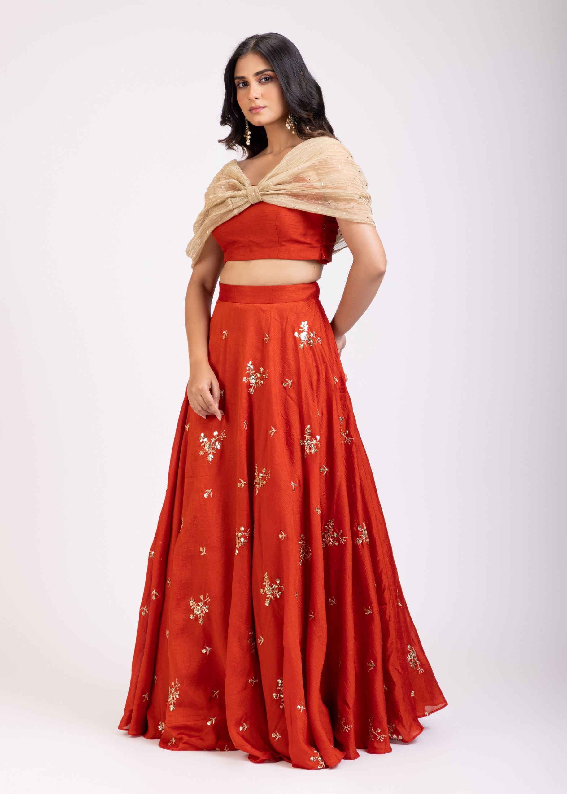 Rust Orange and Golden Tissue Crop Top Lehenga Set front