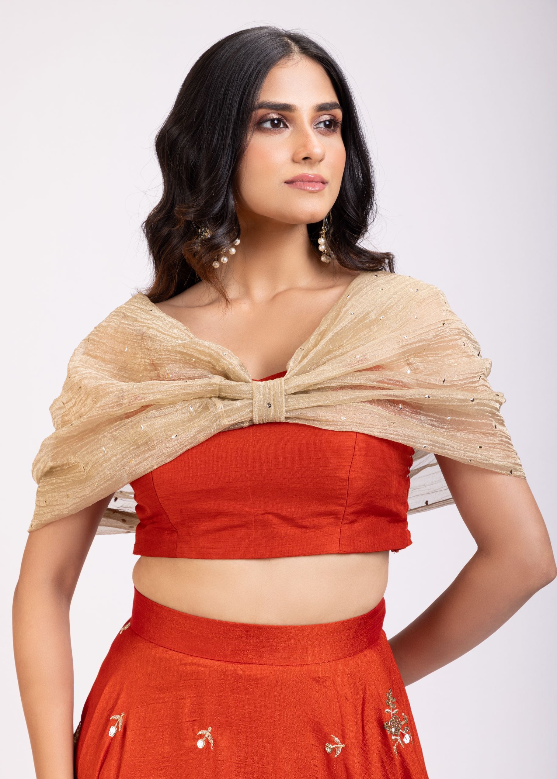 Rust Orange and Golden Tissue Crop Top Lehenga Set close up