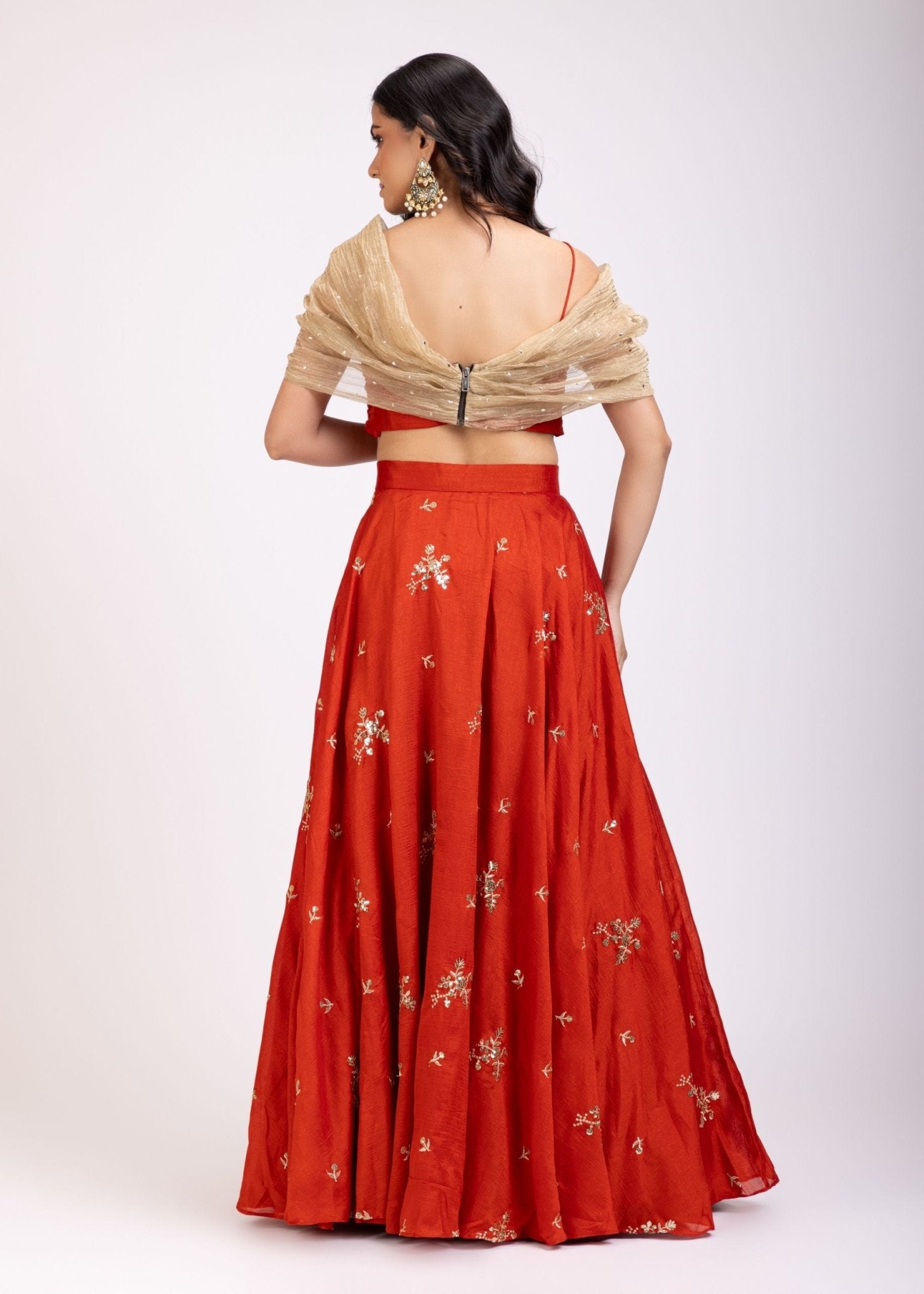 Rust Orange and Golden Tissue Crop Top Lehenga Set - Anvi Couture