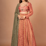 Rust Orange and Green Tissue Silk Lehenga Set With Hand Embroidered Resham Work Full
