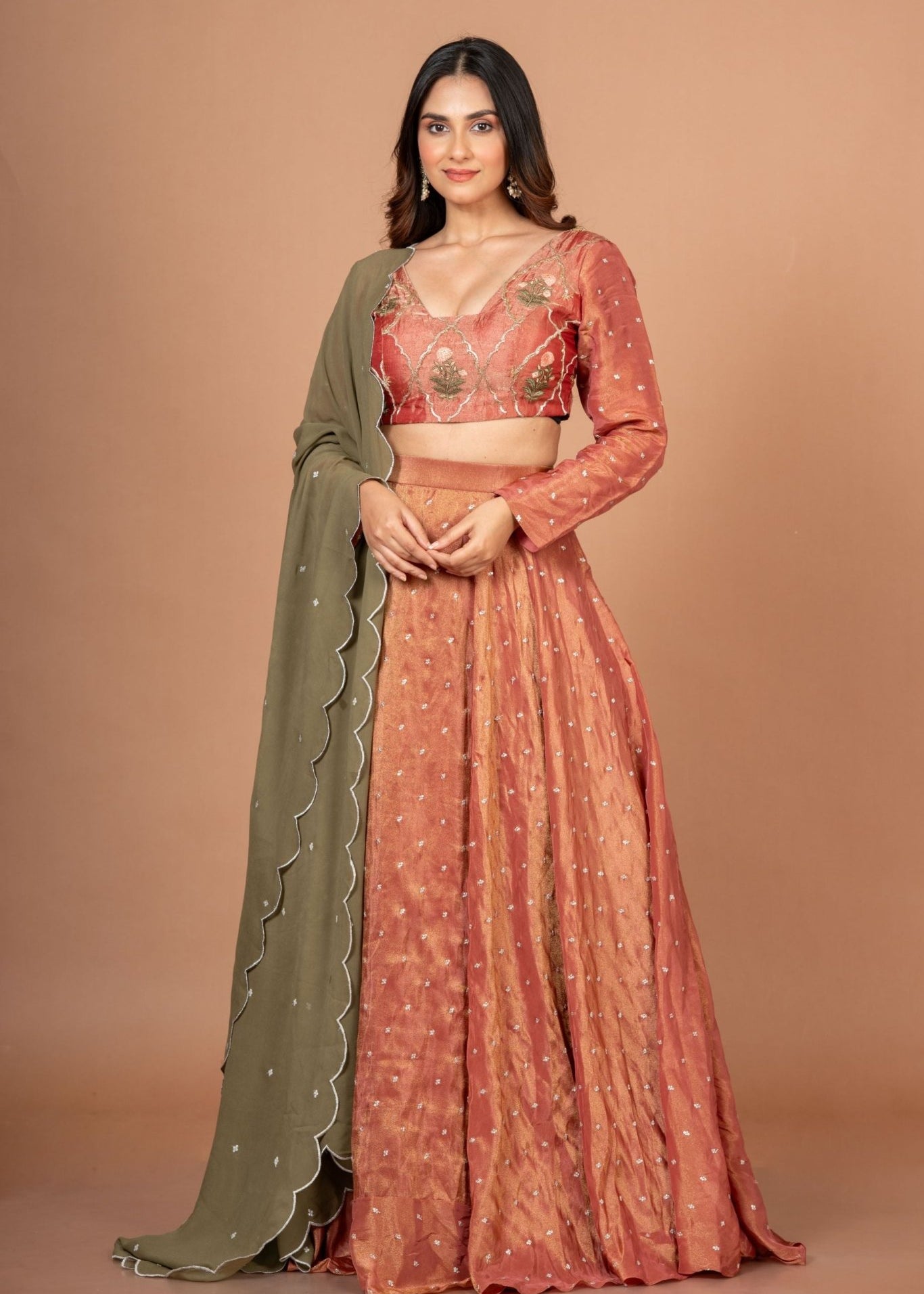 Rust Orange and Green Tissue Silk Lehenga Set With Hand Embroidered Resham Work - Anvi Couture