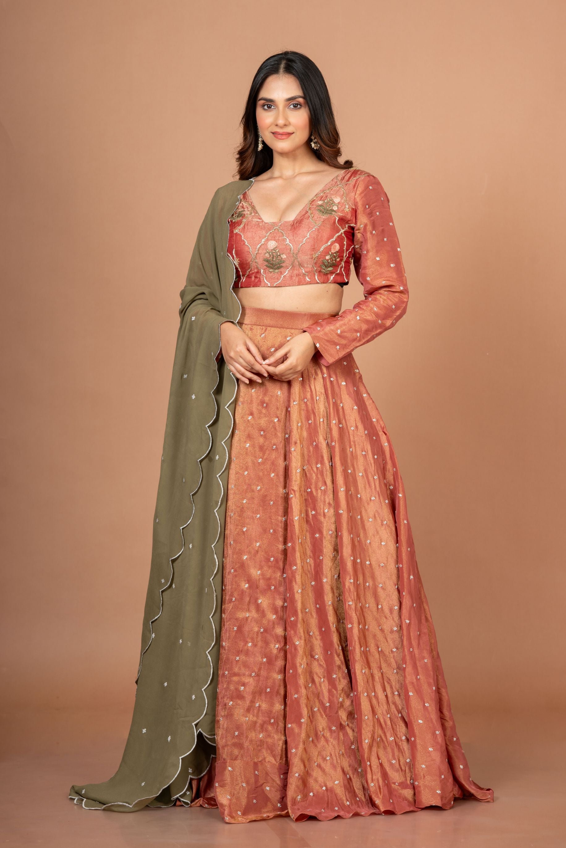 Rust Orange and Green Tissue Silk Lehenga Set With Hand Embroidered Resham Work Full
