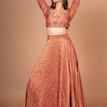 Rust Orange and Green Tissue Silk Lehenga Set With Hand Embroidered Resham Work Front
