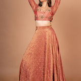Rust Orange and Green Tissue Silk Lehenga Set With Hand Embroidered Resham Work Front
