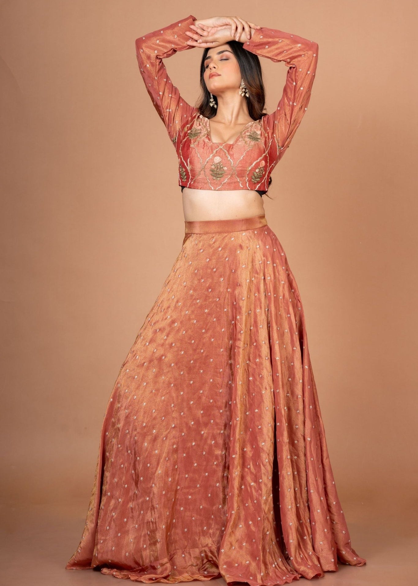 Rust Orange and Green Tissue Silk Lehenga Set With Hand Embroidered Resham Work - Anvi Couture