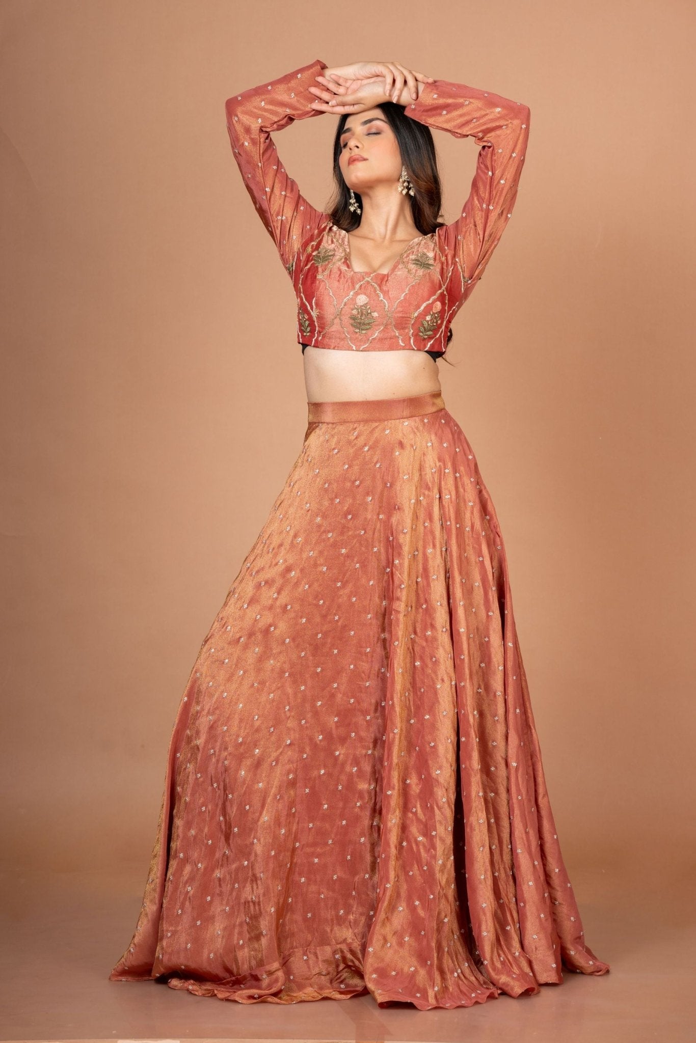 Rust Orange and Green Tissue Silk Lehenga Set With Hand Embroidered Resham Work - Anvi Couture