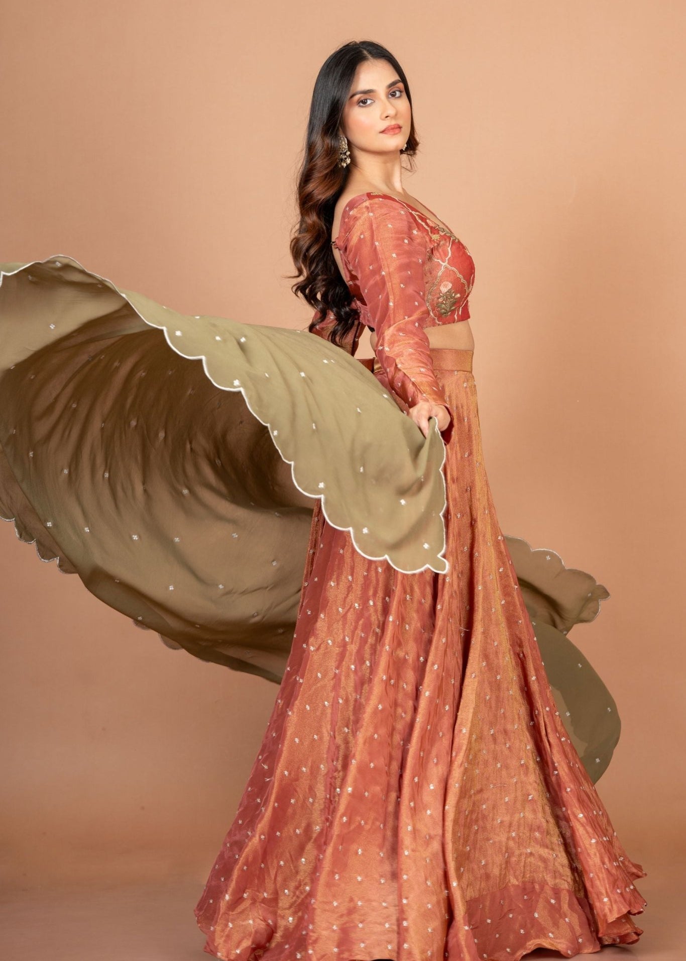 Rust Orange and Green Tissue Silk Lehenga Set With Hand Embroidered Resham Work - Anvi Couture