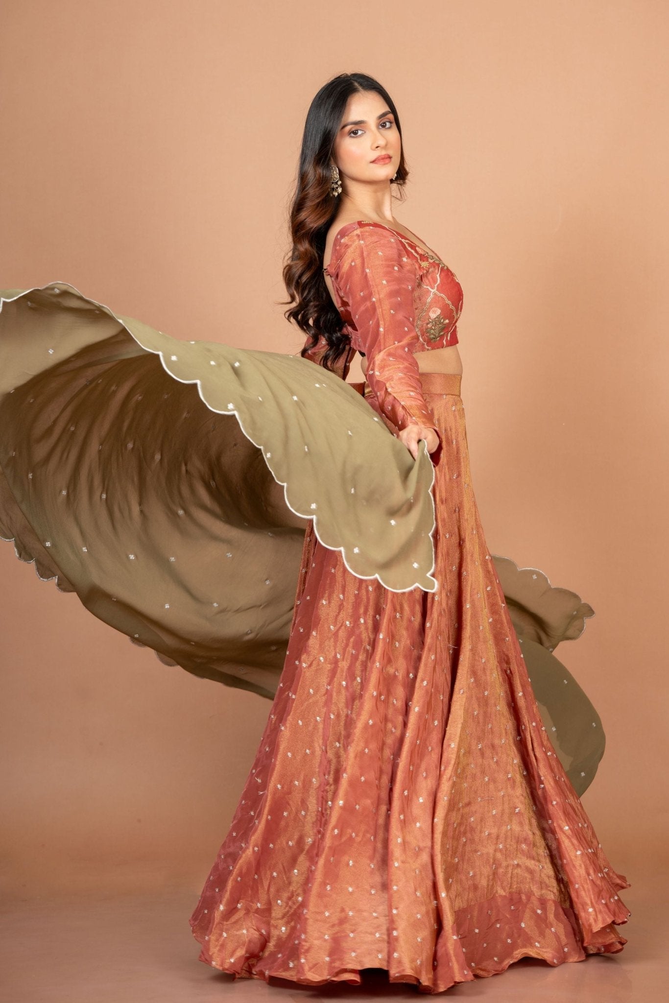 Rust Orange and Green Tissue Silk Lehenga Set With Hand Embroidered Resham Work - Anvi Couture