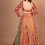 Rust Orange and Green Tissue Silk Lehenga Set With Hand Embroidered Resham Work Back
