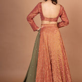 Rust Orange and Green Tissue Silk Lehenga Set With Hand Embroidered Resham Work Back

