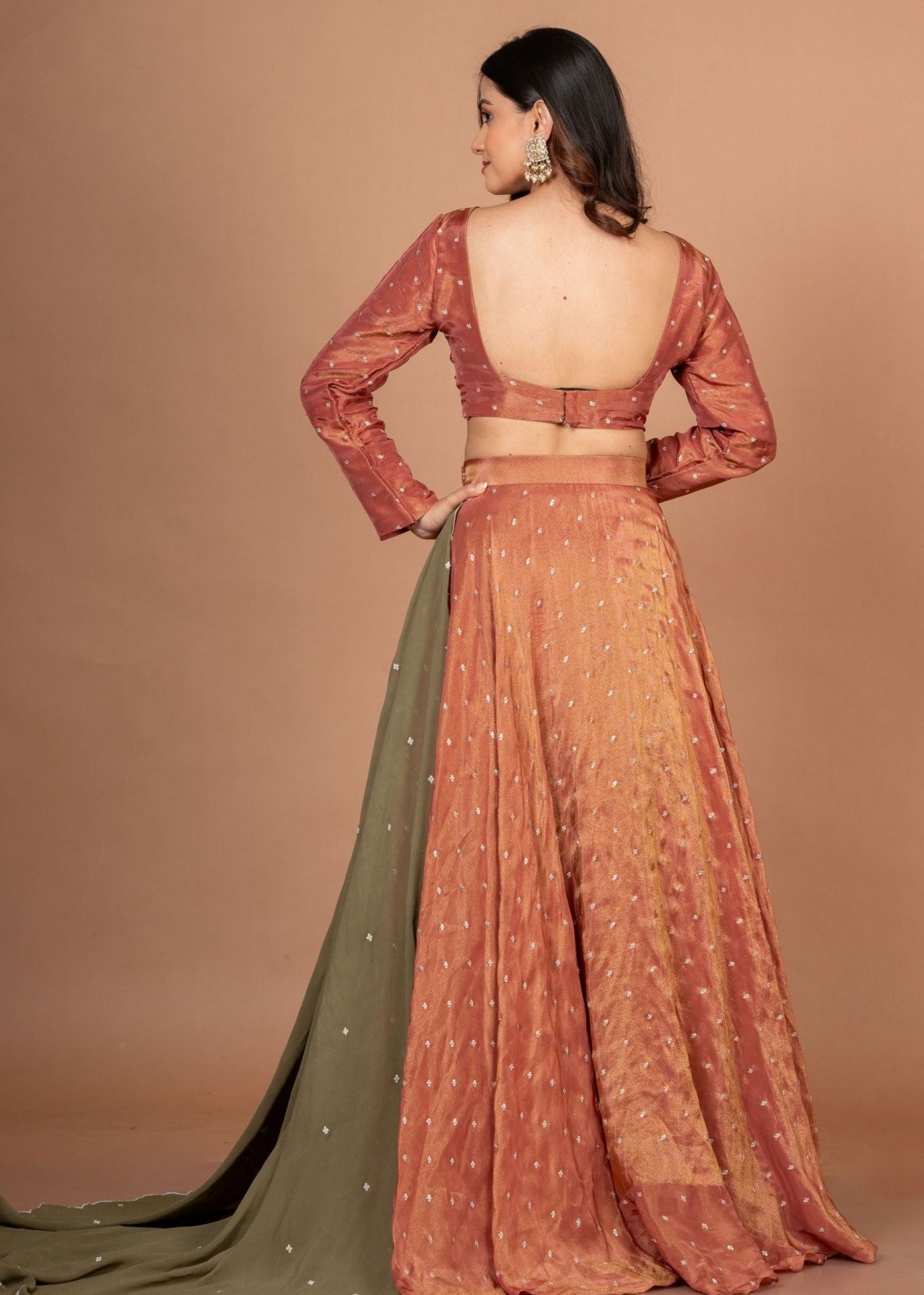 Rust Orange and Green Tissue Silk Lehenga Set With Hand Embroidered Resham Work - Anvi Couture
