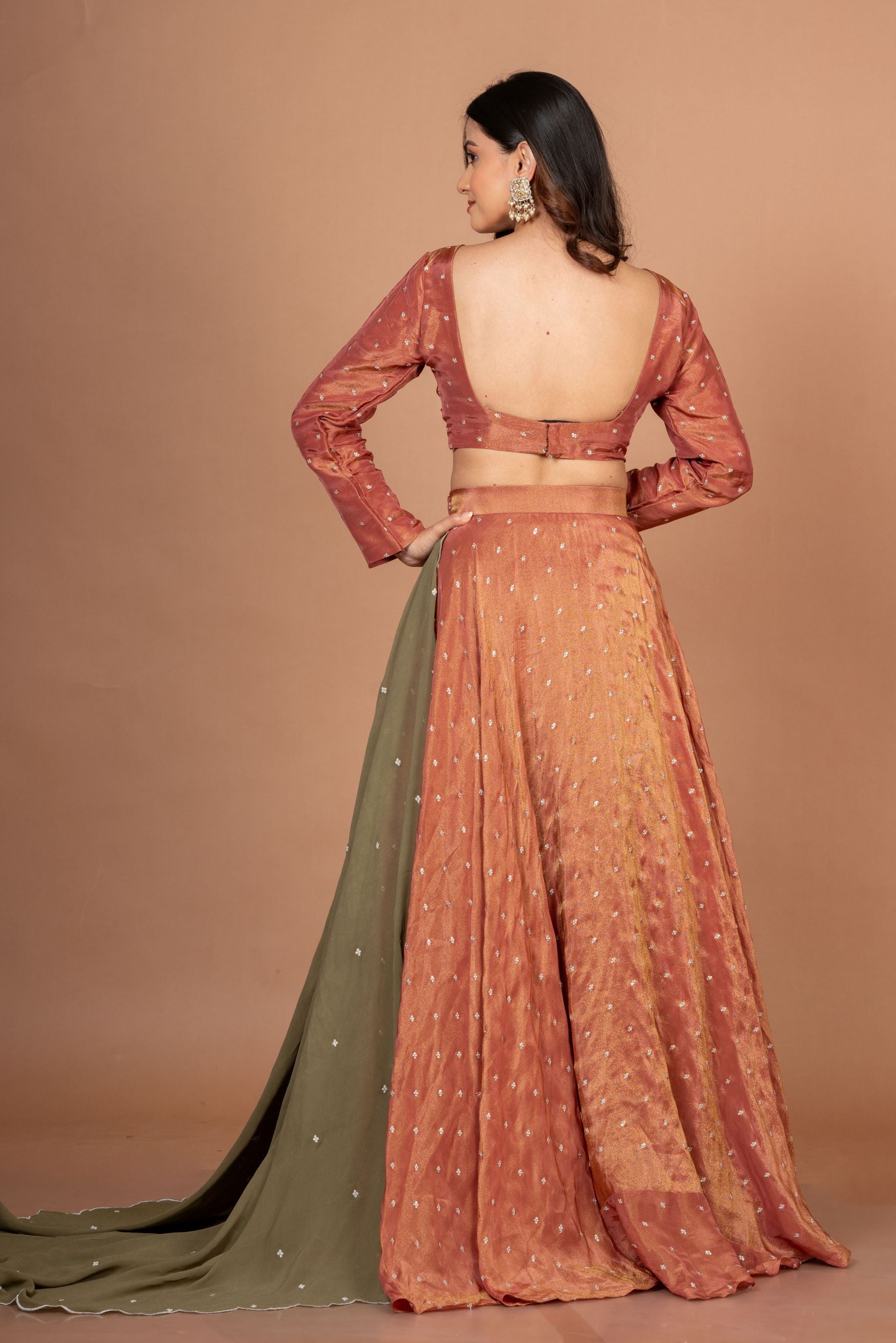 Rust Orange and Green Tissue Silk Lehenga Set With Hand Embroidered Resham Work Back
