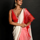 Red and White Hand Embroidered Georgette-Organza Ruffle Saree Paired With Blouse - Anvi Couture