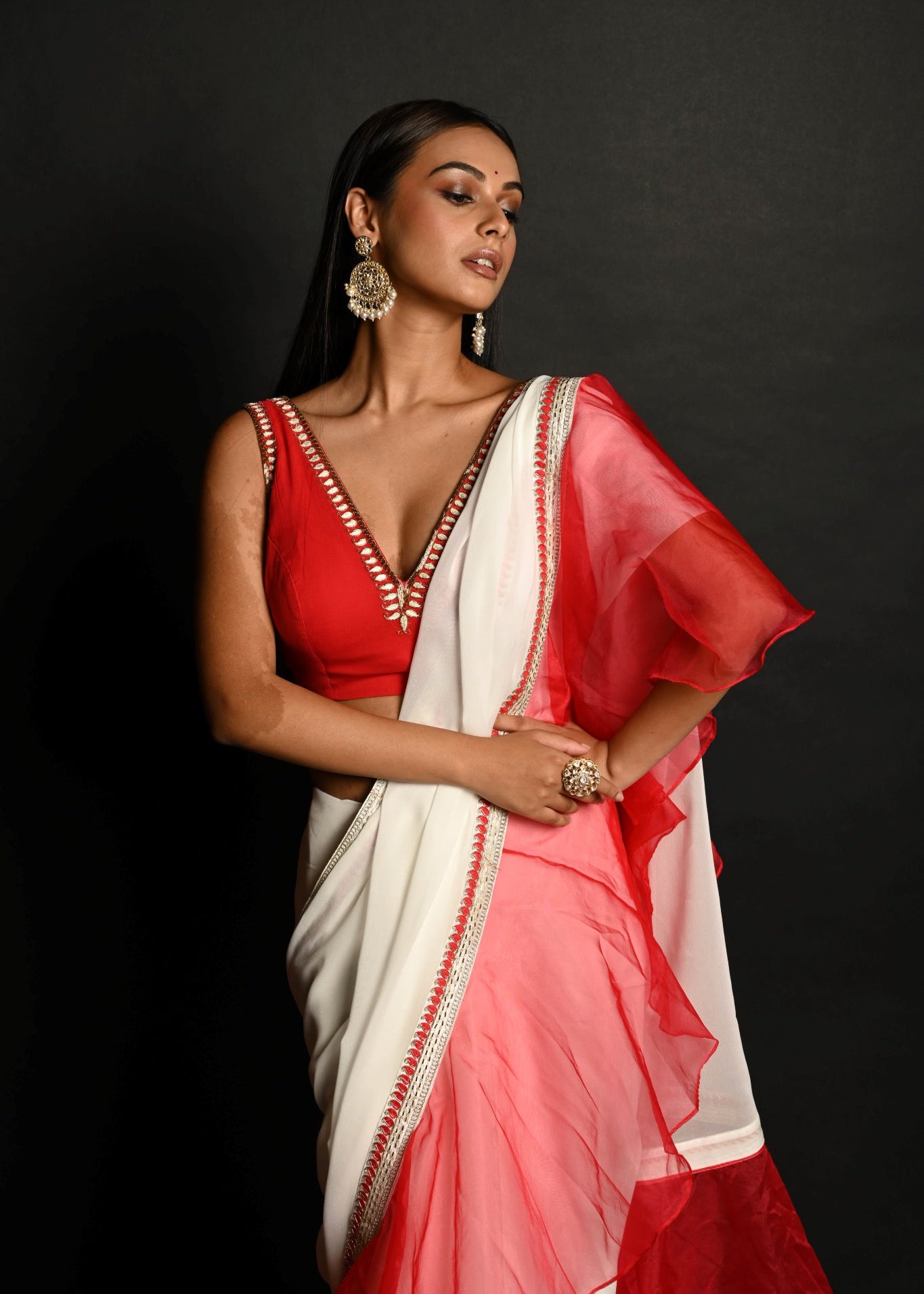 Red and White Hand Embroidered Georgette-Organza Ruffle Saree Paired With Blouse - Anvi Couture