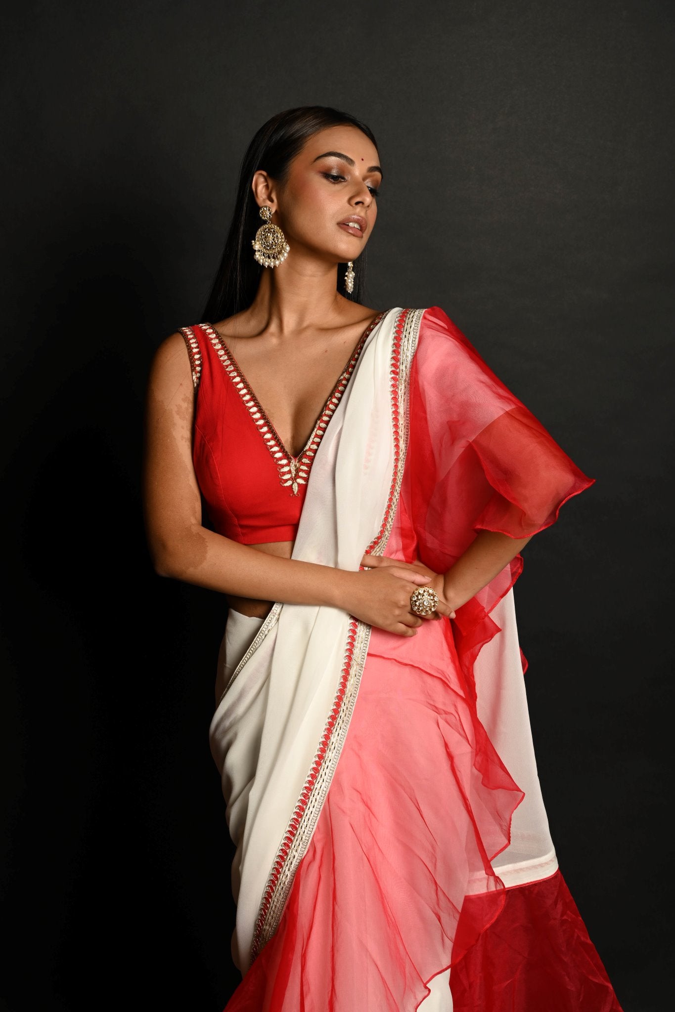 Red and White Hand Embroidered Georgette-Organza Ruffle Saree Paired With Blouse - Anvi Couture