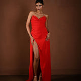 Red Strapless Evening Gown with Thigh High Slit - Anvi Couture - Image 1