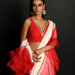 Red and White Hand Embroidered Georgette-Organza Ruffle Saree Paired With Blouse - Anvi Couture