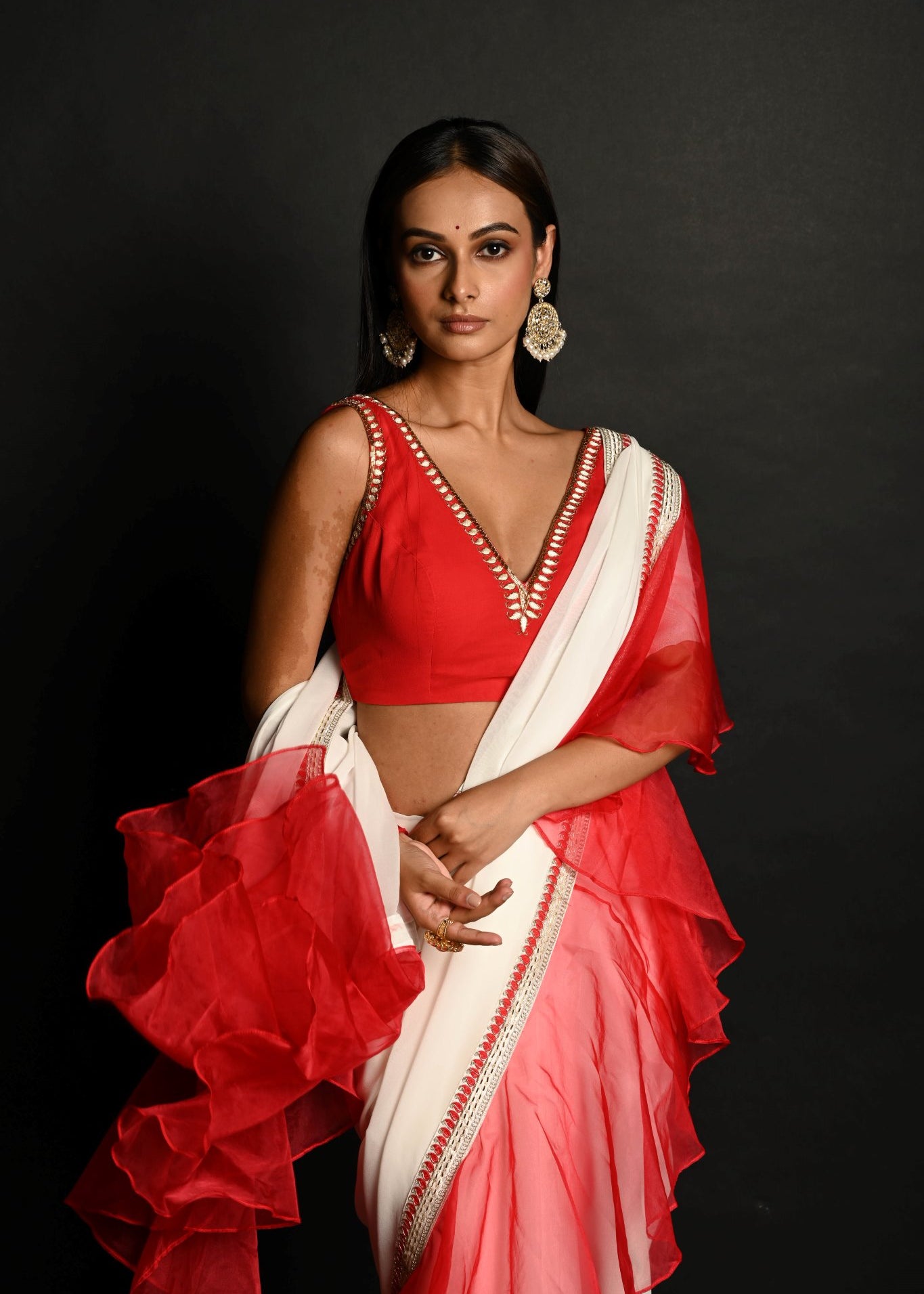 Red and White Hand Embroidered Georgette-Organza Ruffle Saree Paired With Blouse - Anvi Couture