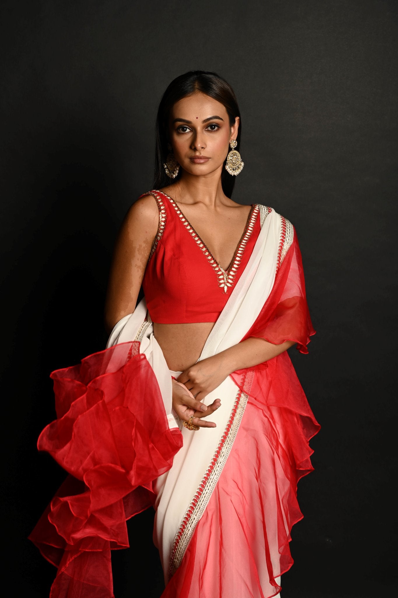 Red and White Hand Embroidered Georgette-Organza Ruffle Saree Paired With Blouse - Anvi Couture