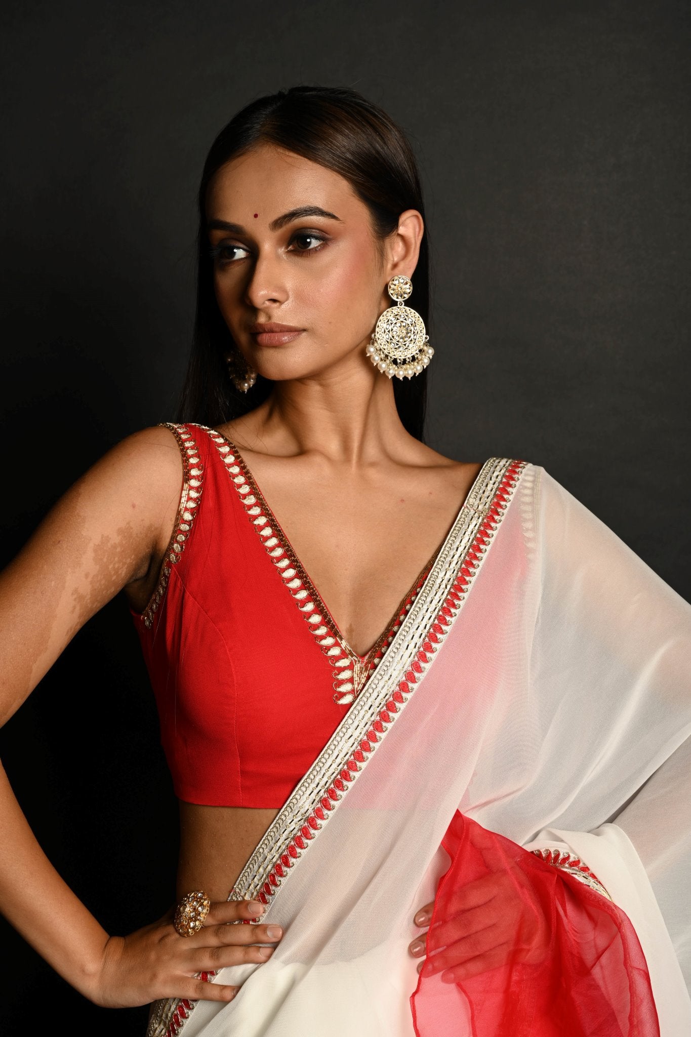 Red and White Hand Embroidered Georgette-Organza Ruffle Saree Paired With Blouse - Anvi Couture