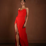 Woman wearing a Red Strapless Evening Party Gown with Thigh High Slit - Anvi Couture - Image 2