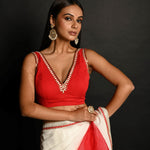 Red and White Hand Embroidered Georgette-Organza Ruffle Saree Paired With Blouse - Anvi Couture