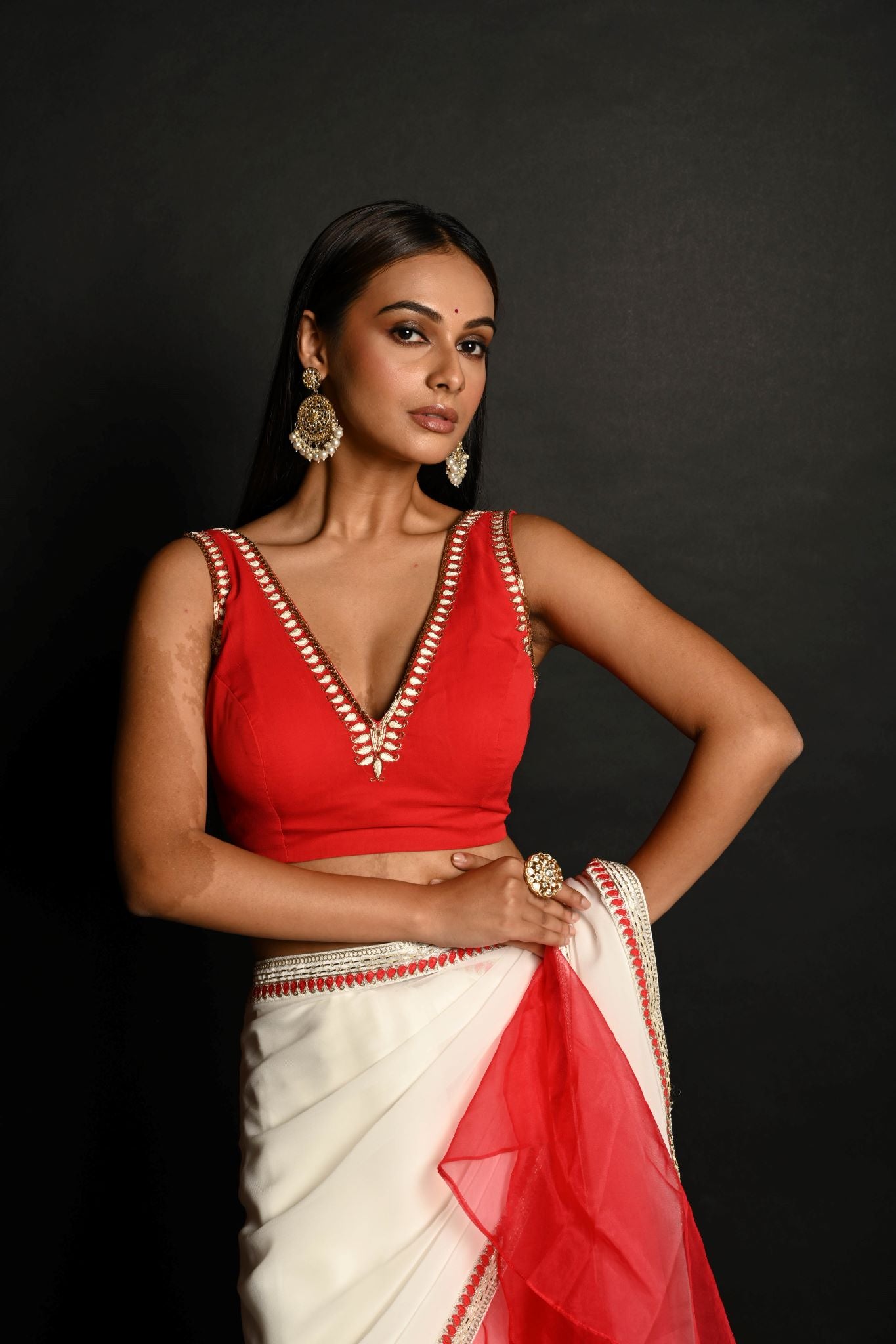 Red and White Hand Embroidered Georgette-Organza Ruffle Saree Paired With Blouse - Anvi Couture