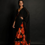 Black Georgette Ruffle Saree Set with Orange Blossom Prints and Sequin Border - Anvi Couture