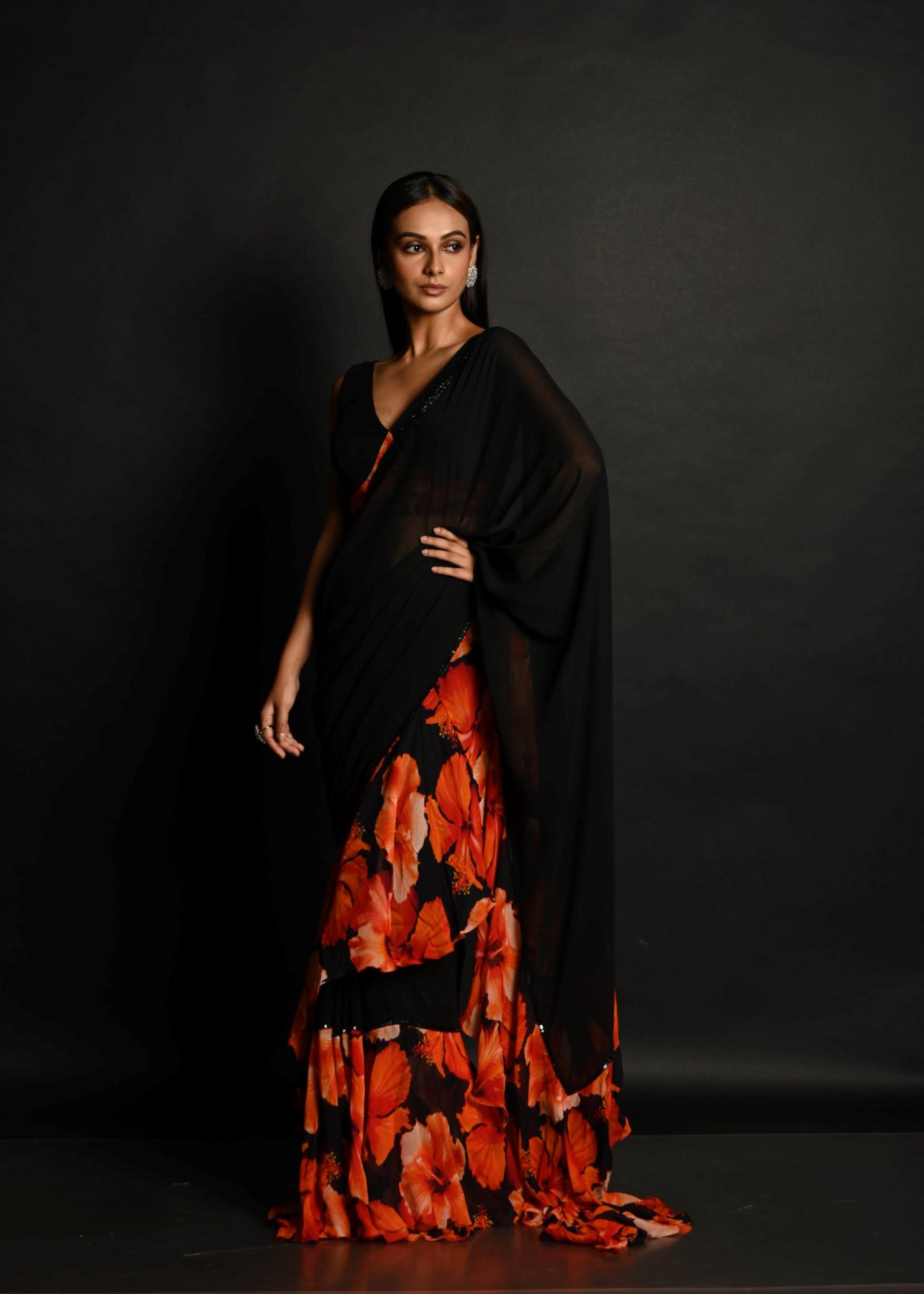 Black Georgette Ruffle Saree Set with Orange Blossom Prints and Sequin Border - Anvi Couture